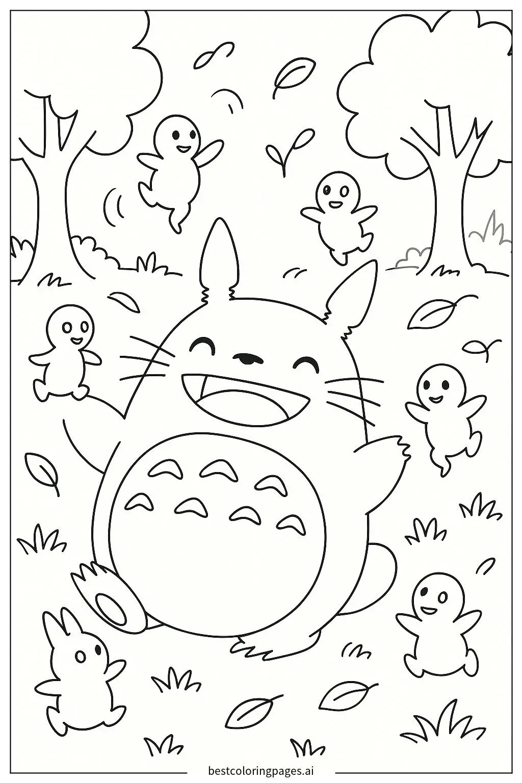 Totoro Playing with Small White Spirits Coloring Page
