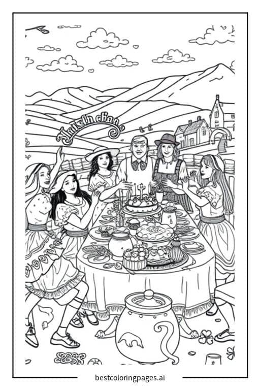 Traditional Irish Feast with Cultural Dance Coloring Page