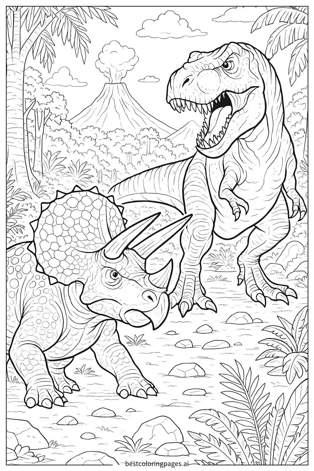 Triceratops Protecting Its Territory from a Predator Coloring Page