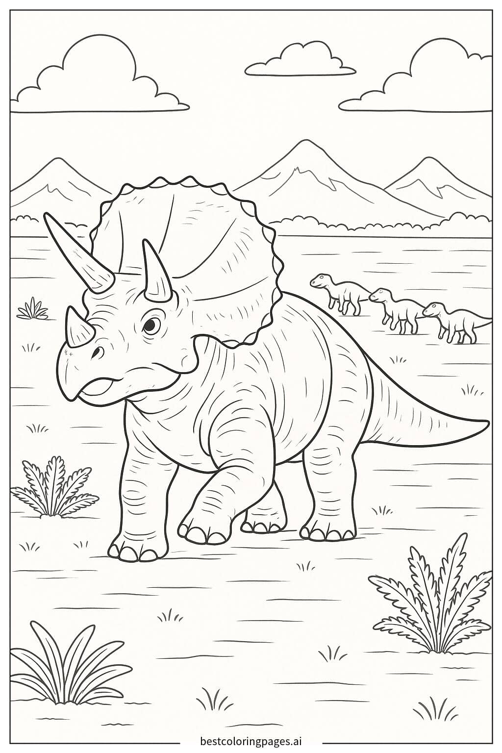 Triceratops Leading a Herd Across a Peaceful Plain Coloring Page