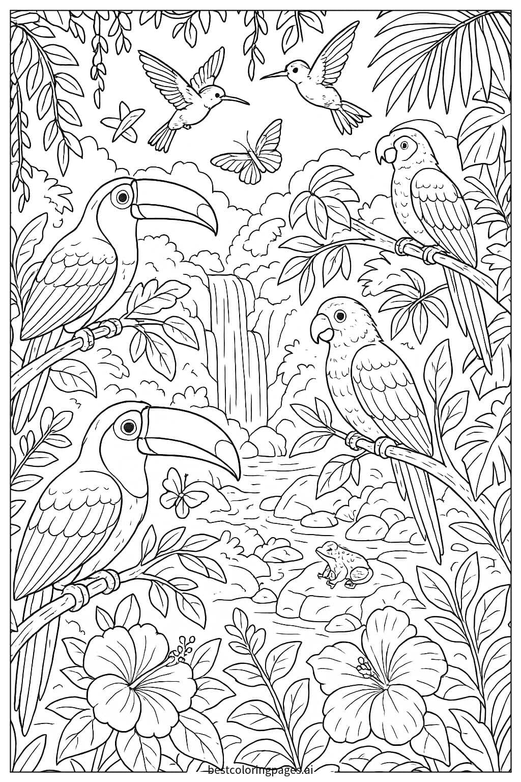 Tropical Birds in a Lush Rainforest Coloring Page