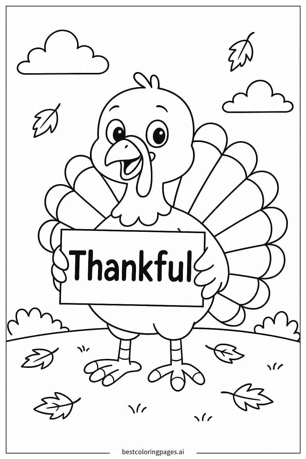 Индейка с табличкой Thankful – праздничная раскраска ко Дню благодарения