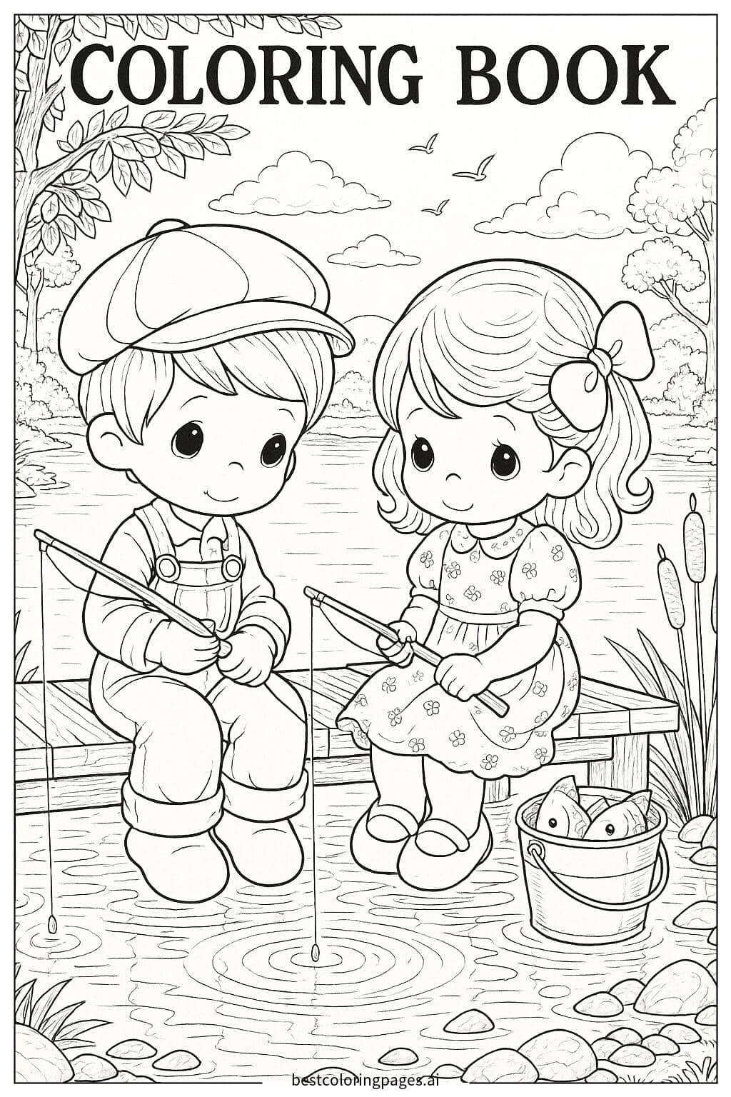Two Children Fishing by a Calm Lake Coloring Page