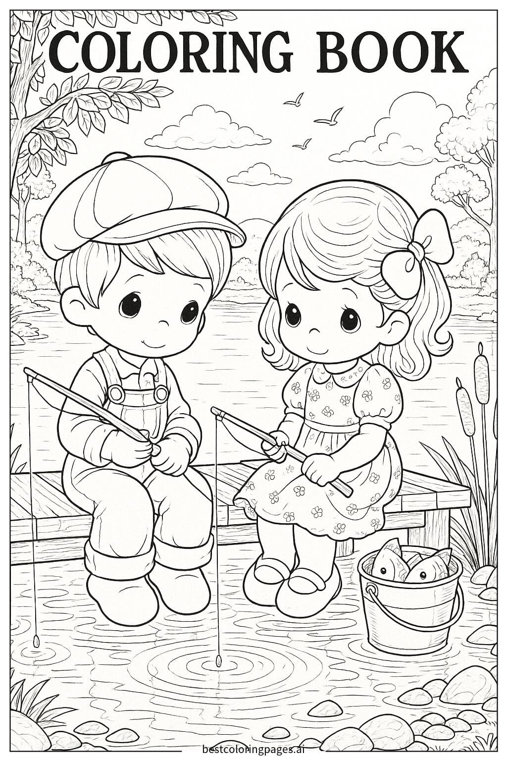 Two Children Fishing by a Calm Lake