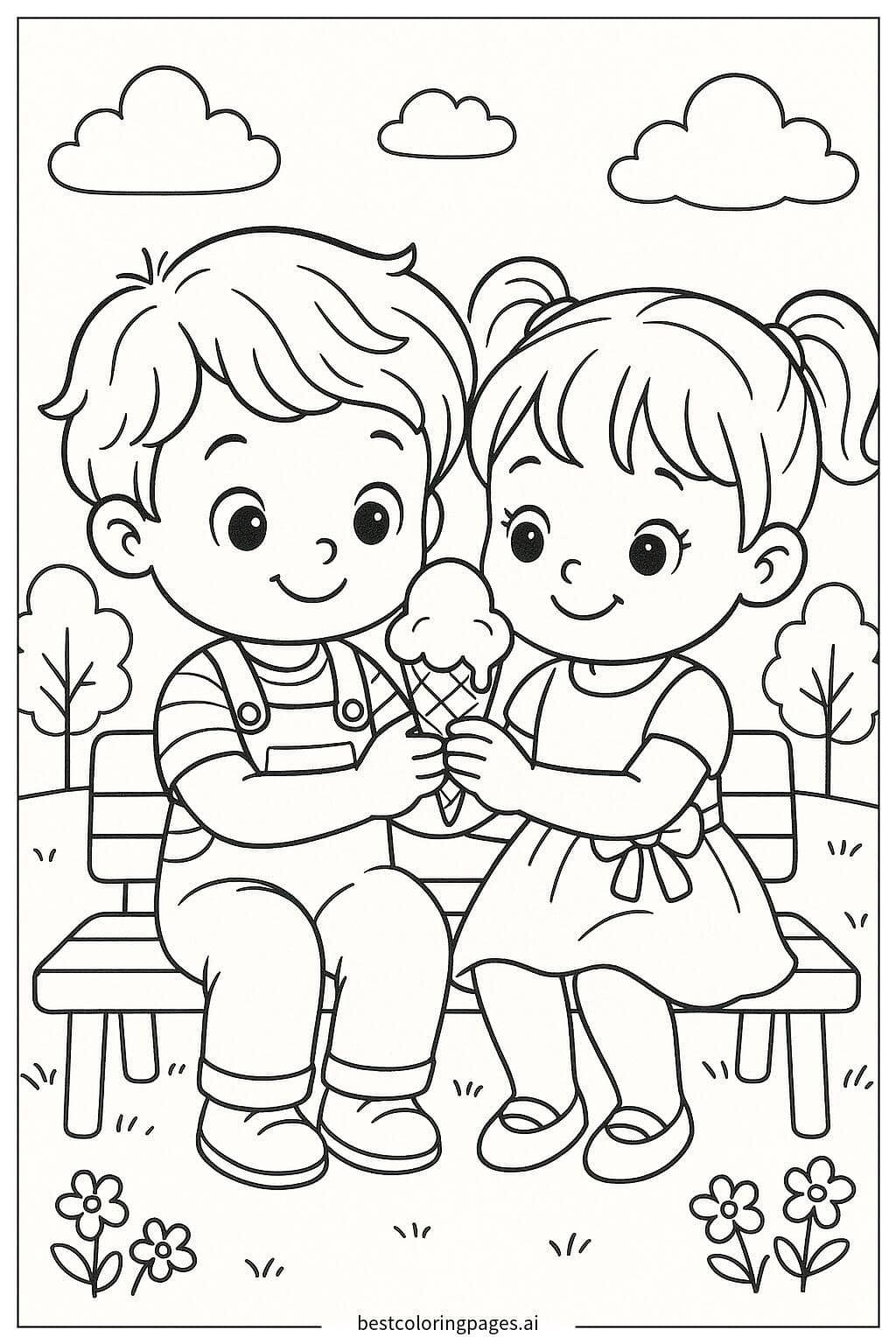 Two Kids Enjoying an Ice Cream Together Coloring Page