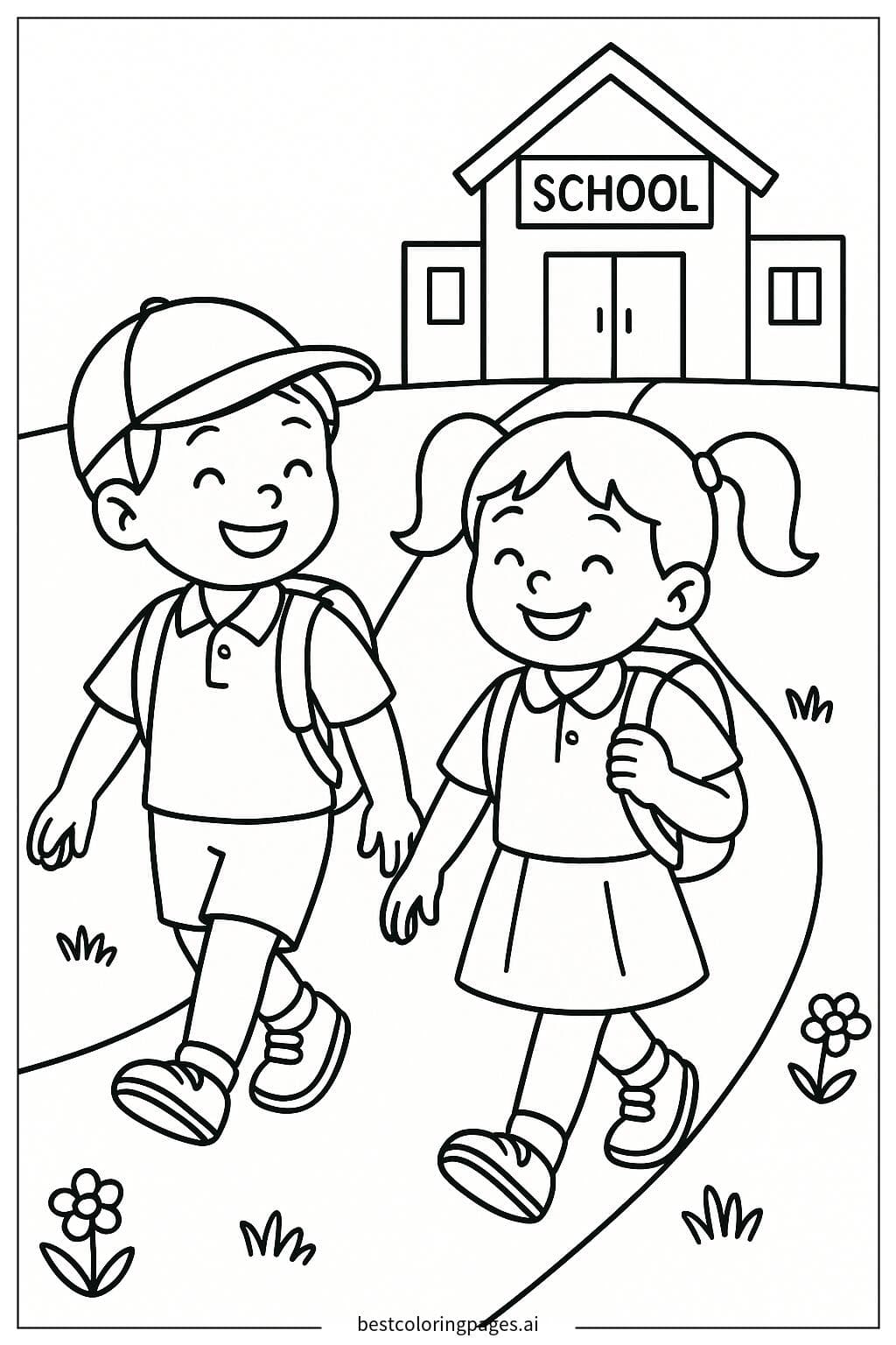 Two Children Walking to School with Backpacks