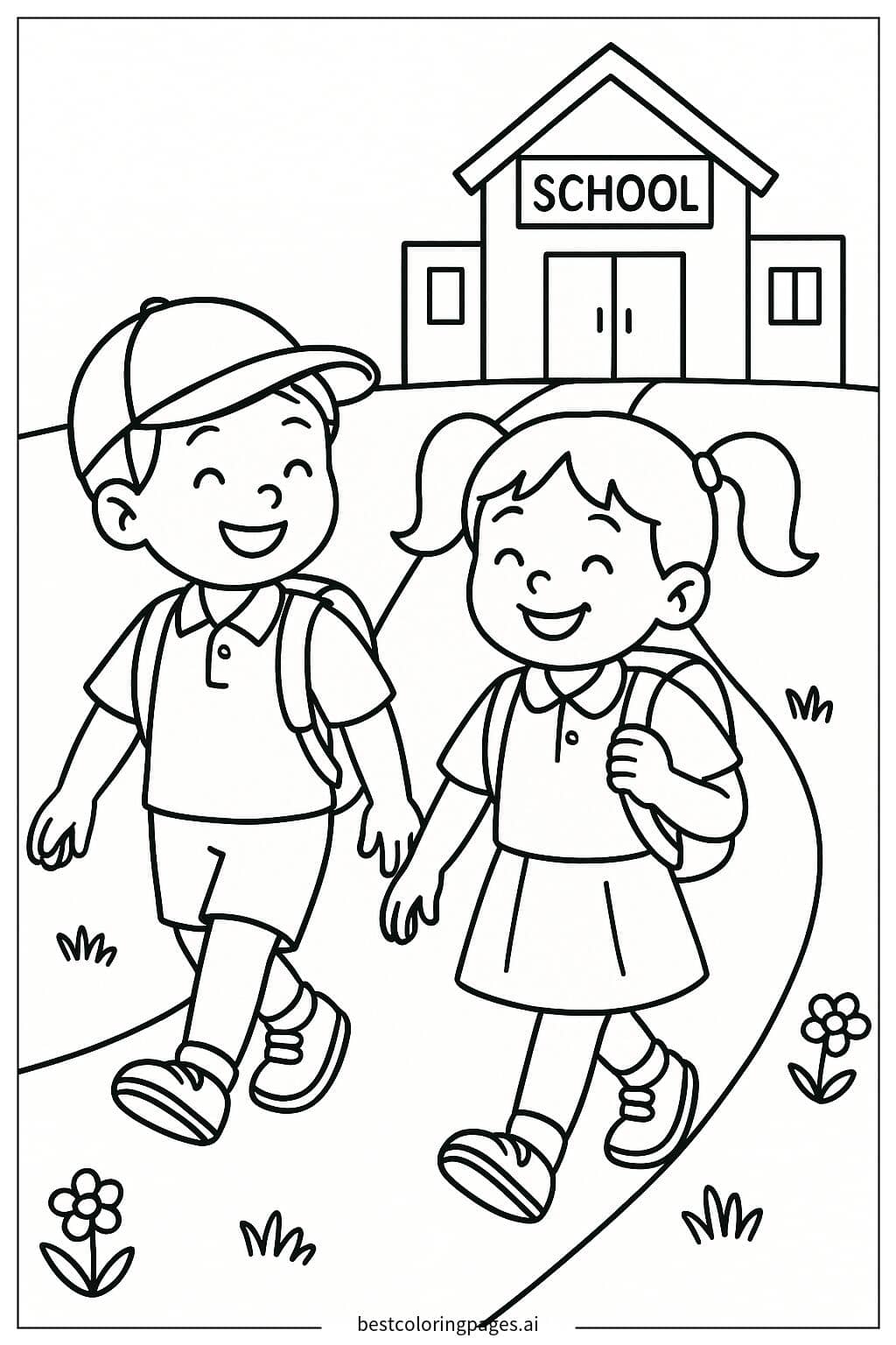 Two Children Walking to School with Backpacks Coloring Page
