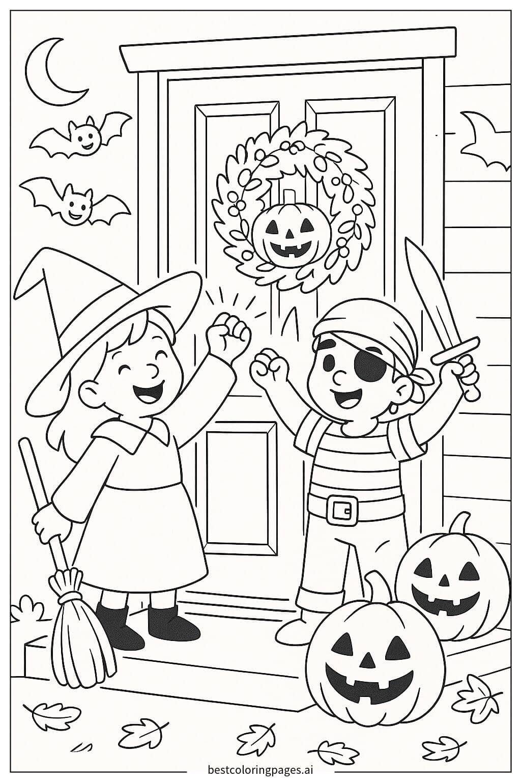 Two Kids in Halloween Costumes Knocking on a Door Coloring Page