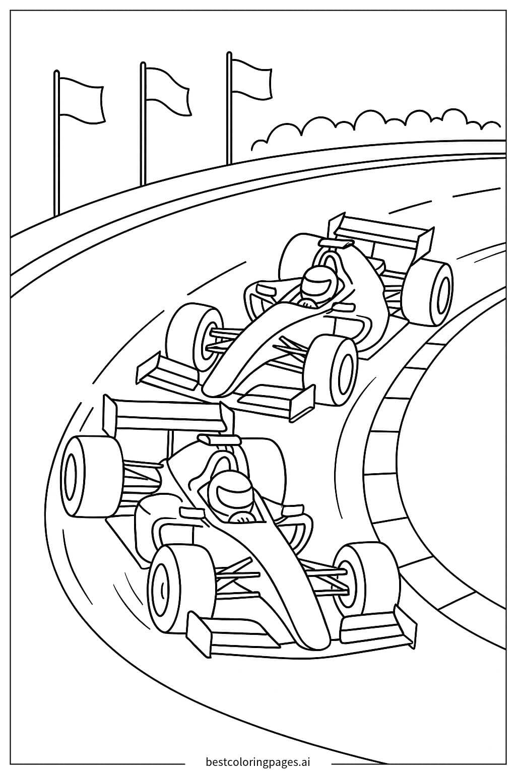 Two Race Cars Battling for Position on a Sharp Curve Coloring Page