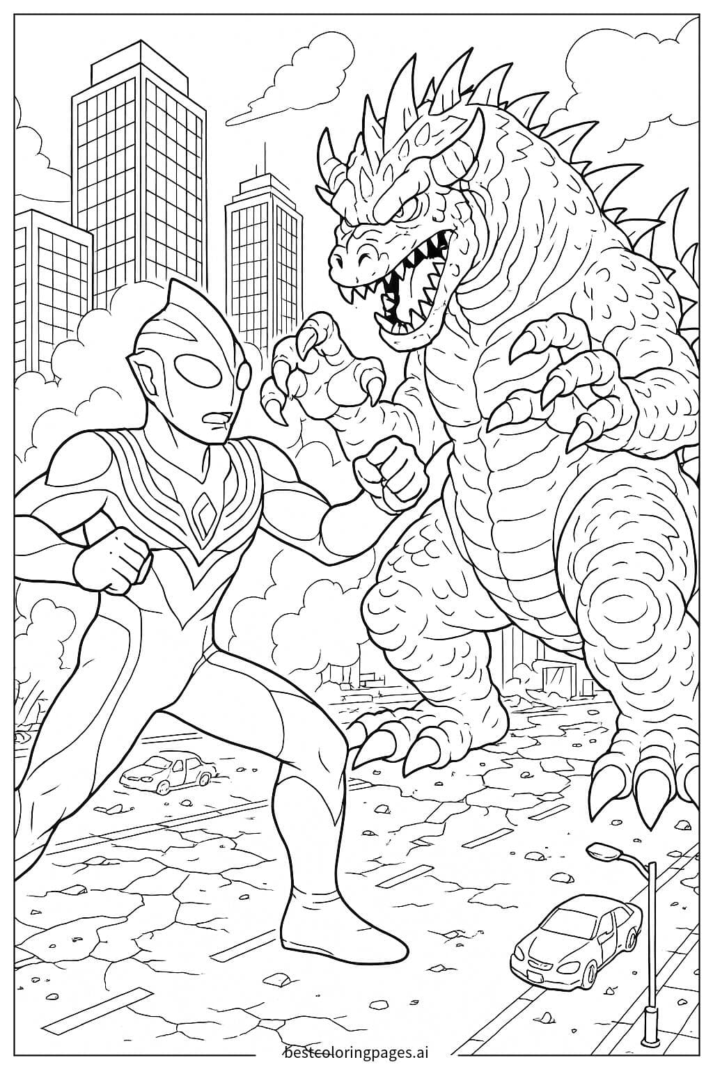 Ultraman Tiga lutando contra um kaiju em uma paisagem urbana