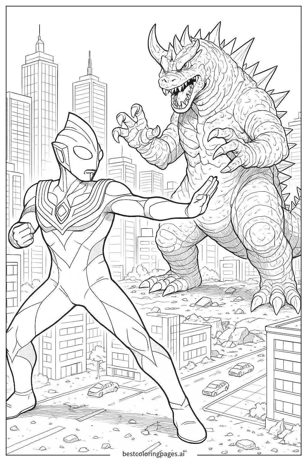 Ultraman Tiga battling a giant Kaiju in the heart of the city