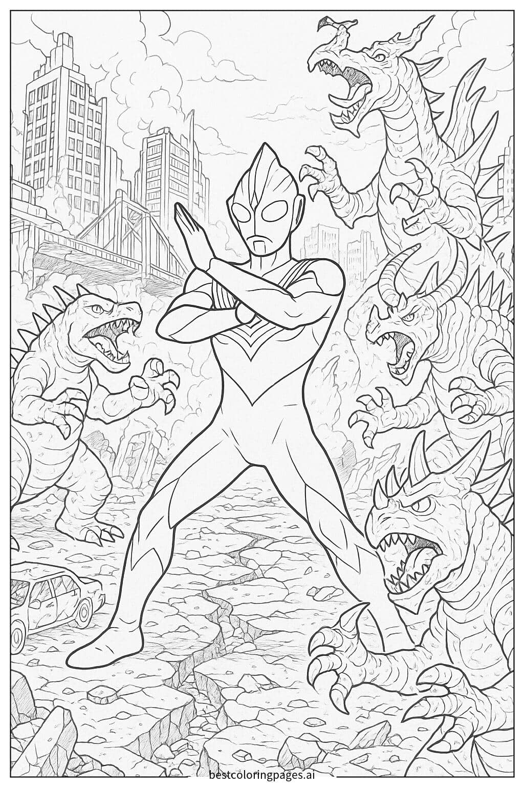 ภาพระบายสี Ultraman Tiga ต่อสู้กับไคจูหลายตัวในซากเมือง