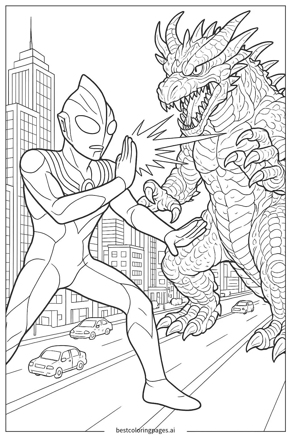 Ultraman Tiga Battling a Giant Monster in the City