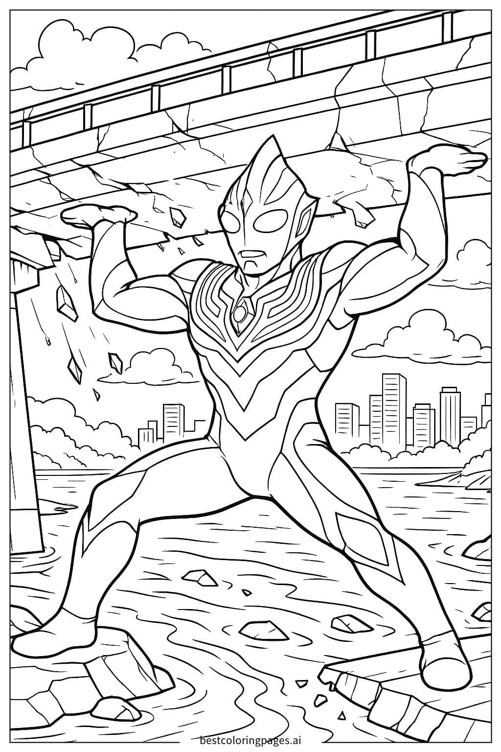 Dibujos de Ultraman Tiga salvando un puente en colapso para Colorear