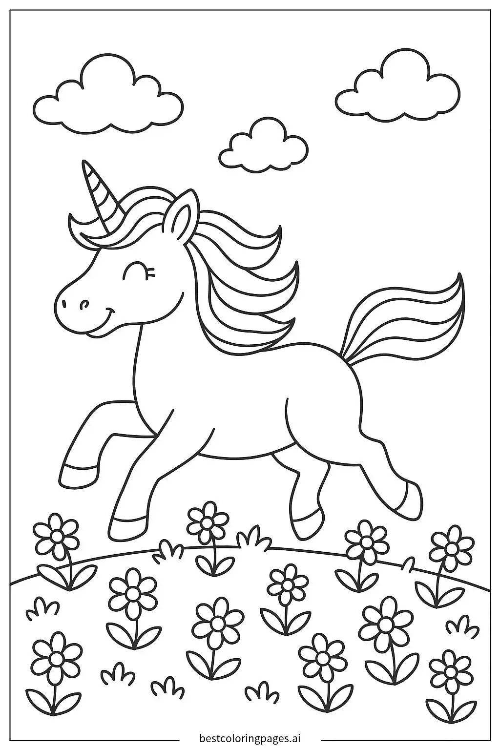 Unicorn Galloping Through a Flower Field Coloring Page