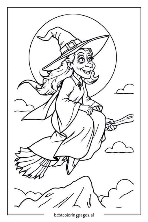 邪惡巫婆在滿月下騎著掃帚飛行