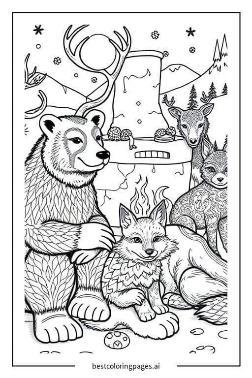 Cozy Wild Animals Gathering Around a Stove on a Snowy Day