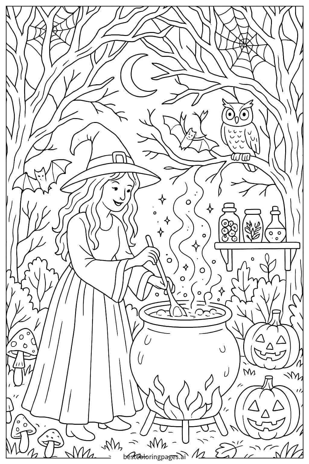 Witch Brewing Potion in a Spooky Forest Coloring Page