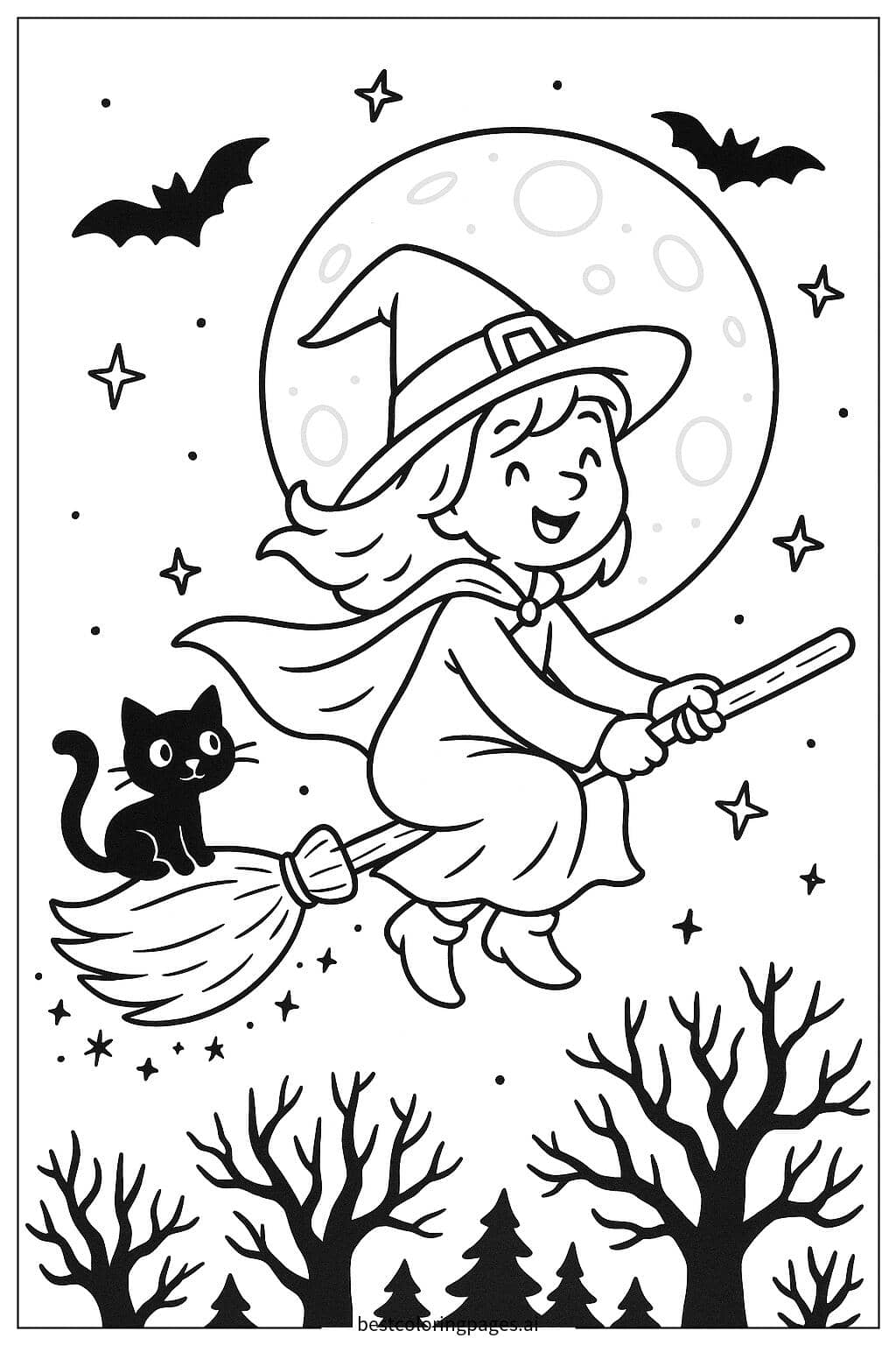 Witch Flying on a Broomstick Coloring Page