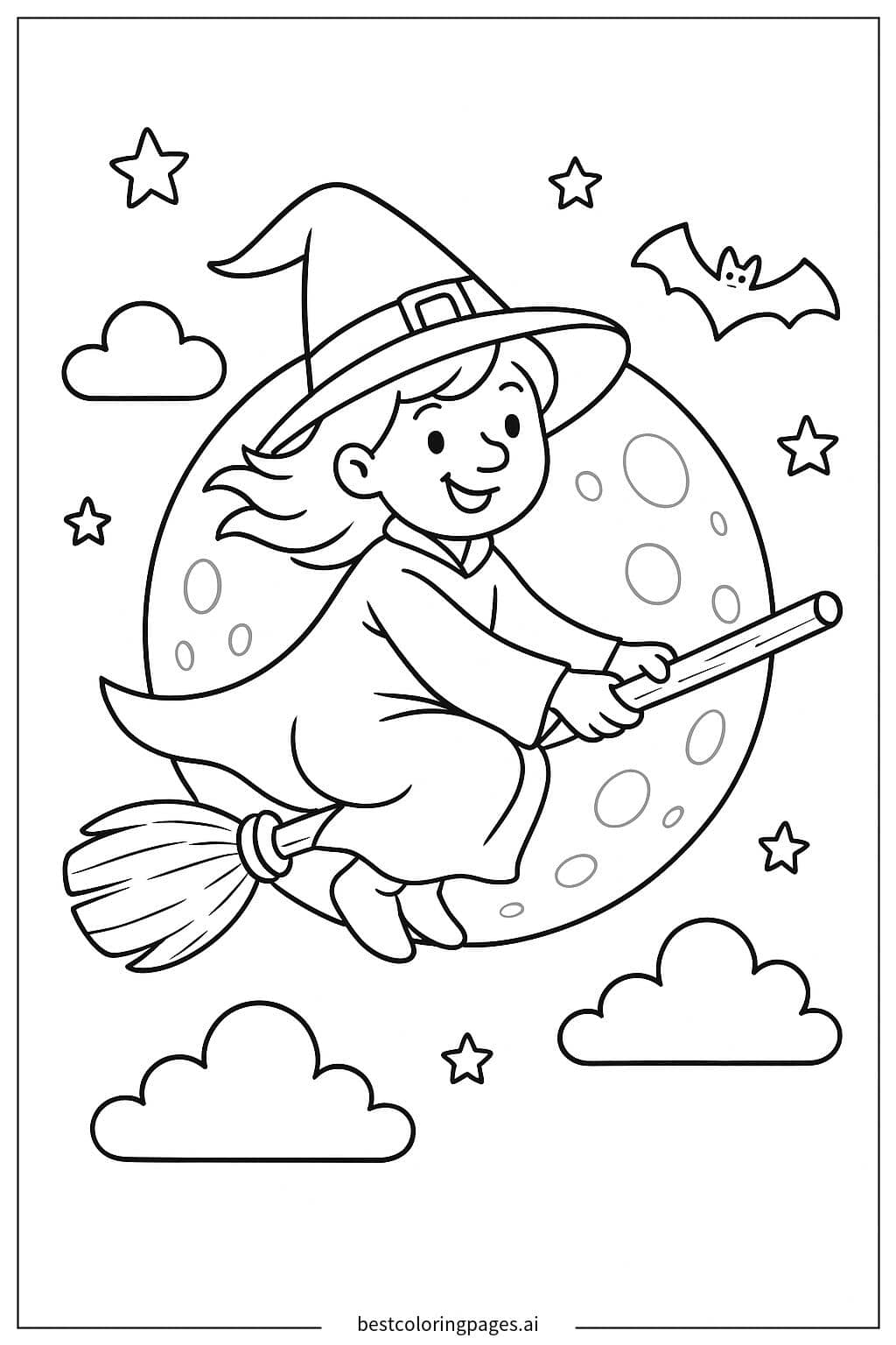 Witch Flying Across a Full Moon on a Broomstick Coloring Page