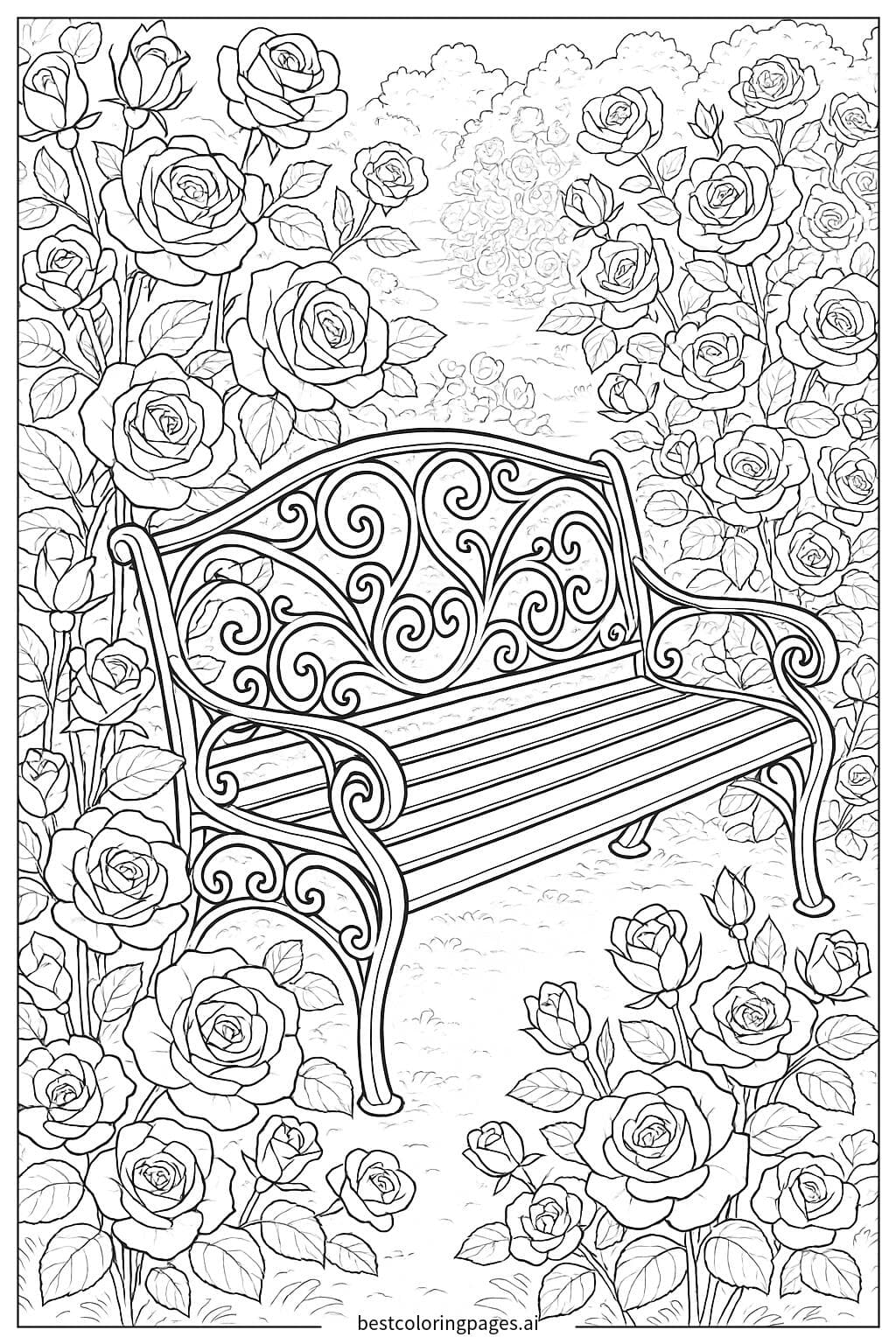 Elegant Wrought Iron Bench Surrounded by Blooming Roses