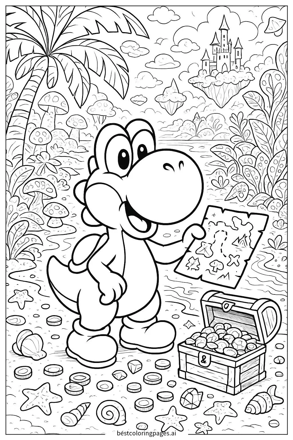 Yoshi Exploring a Magical Island with Treasure Coloring Page