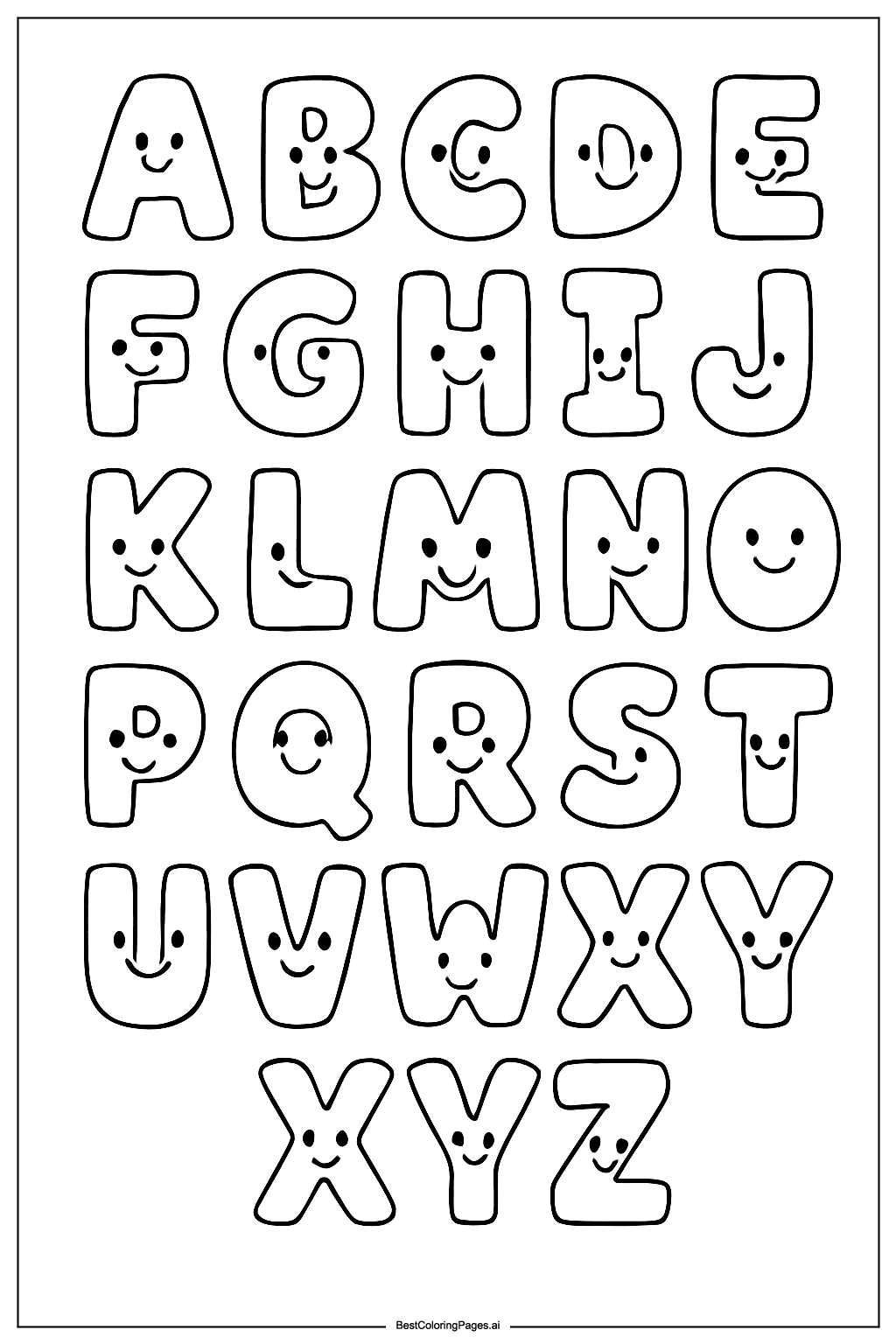 Disegni di Lettere dell'alfabeto con faccine sorridenti da Colorare