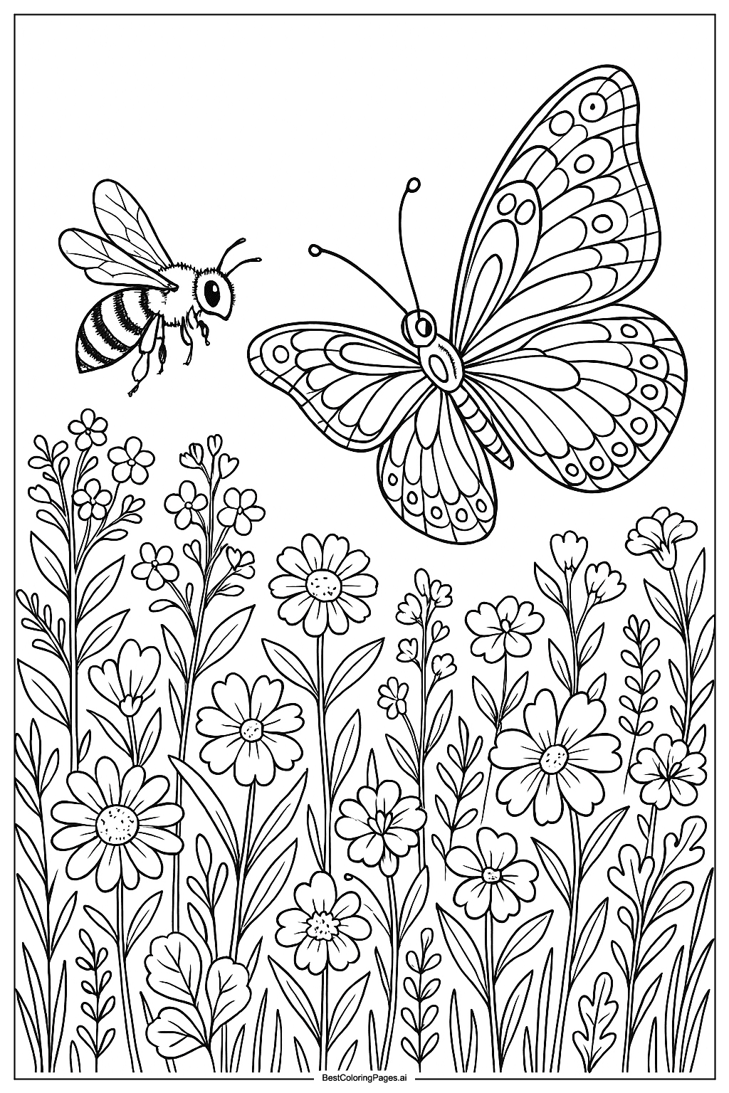 Bee and butterfly in a meadow Coloring Page