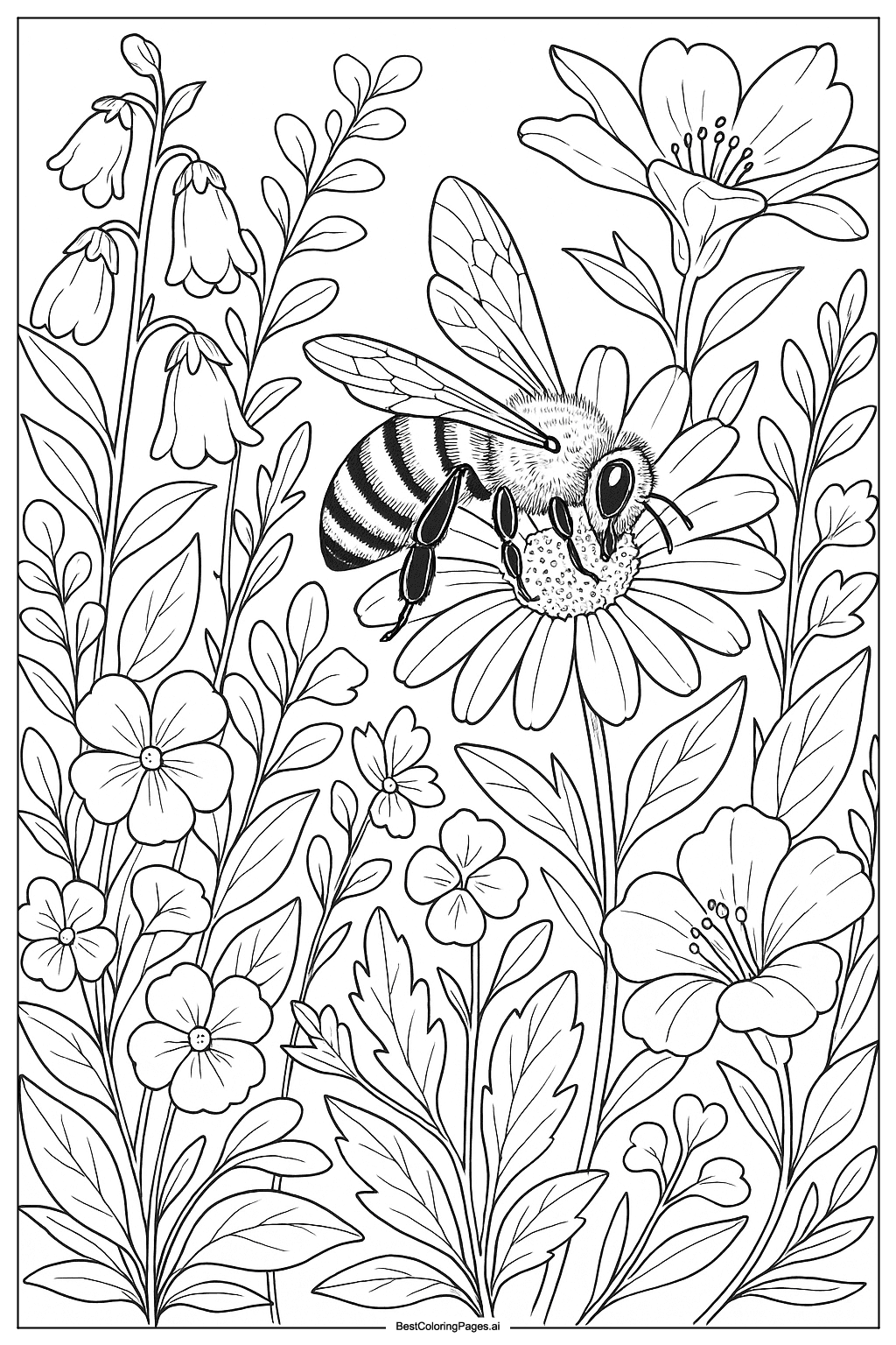 Bee collecting nectar in a garden Coloring Page