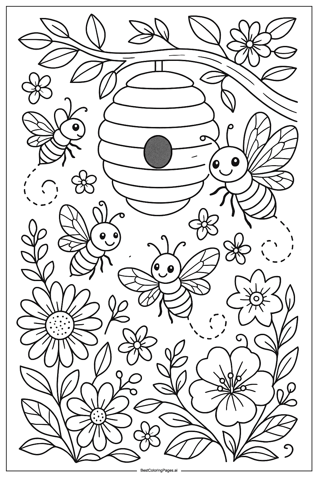 Bee family near a beehive Coloring Page