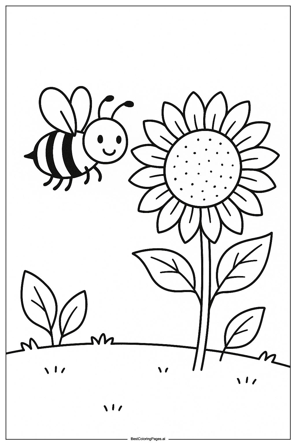 Bee visiting a sunflower Coloring Page