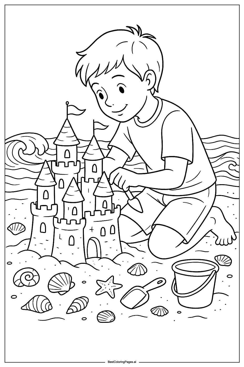 Coloriage Petit garçon construisant un château de sable