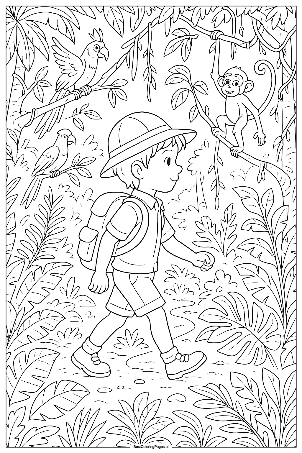 Coloriage L'aventure du jeune explorateur dans la jungle