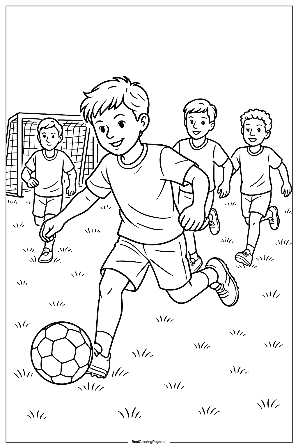 Coloriage Garçon jouant au football avec ses amis