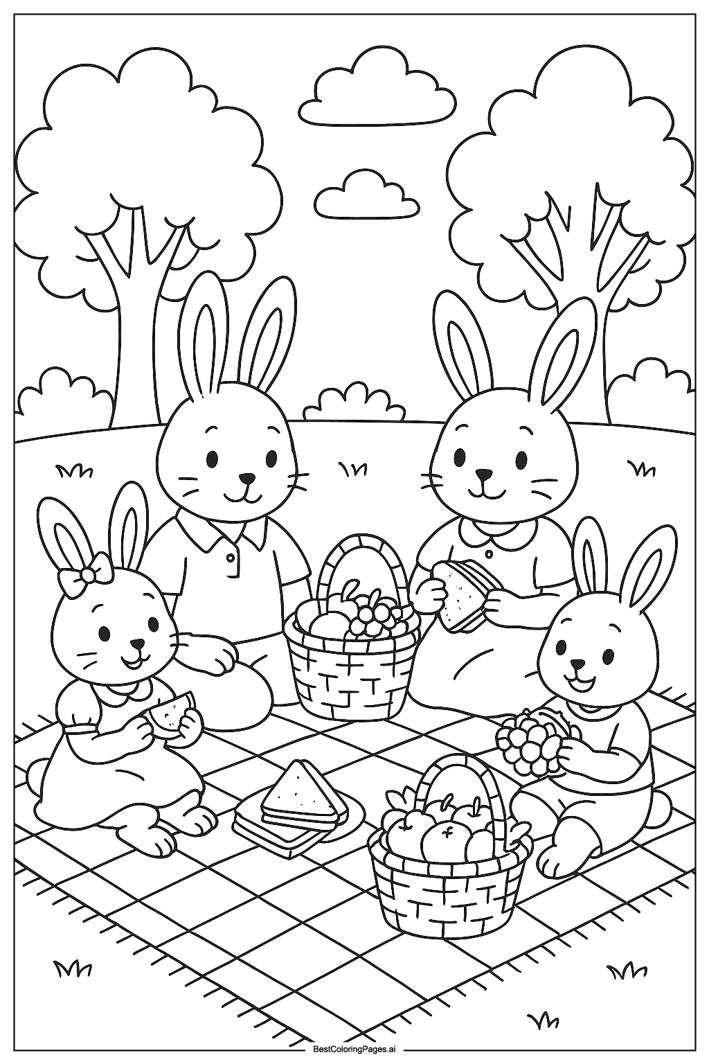Bunny family having picnic Coloring Page