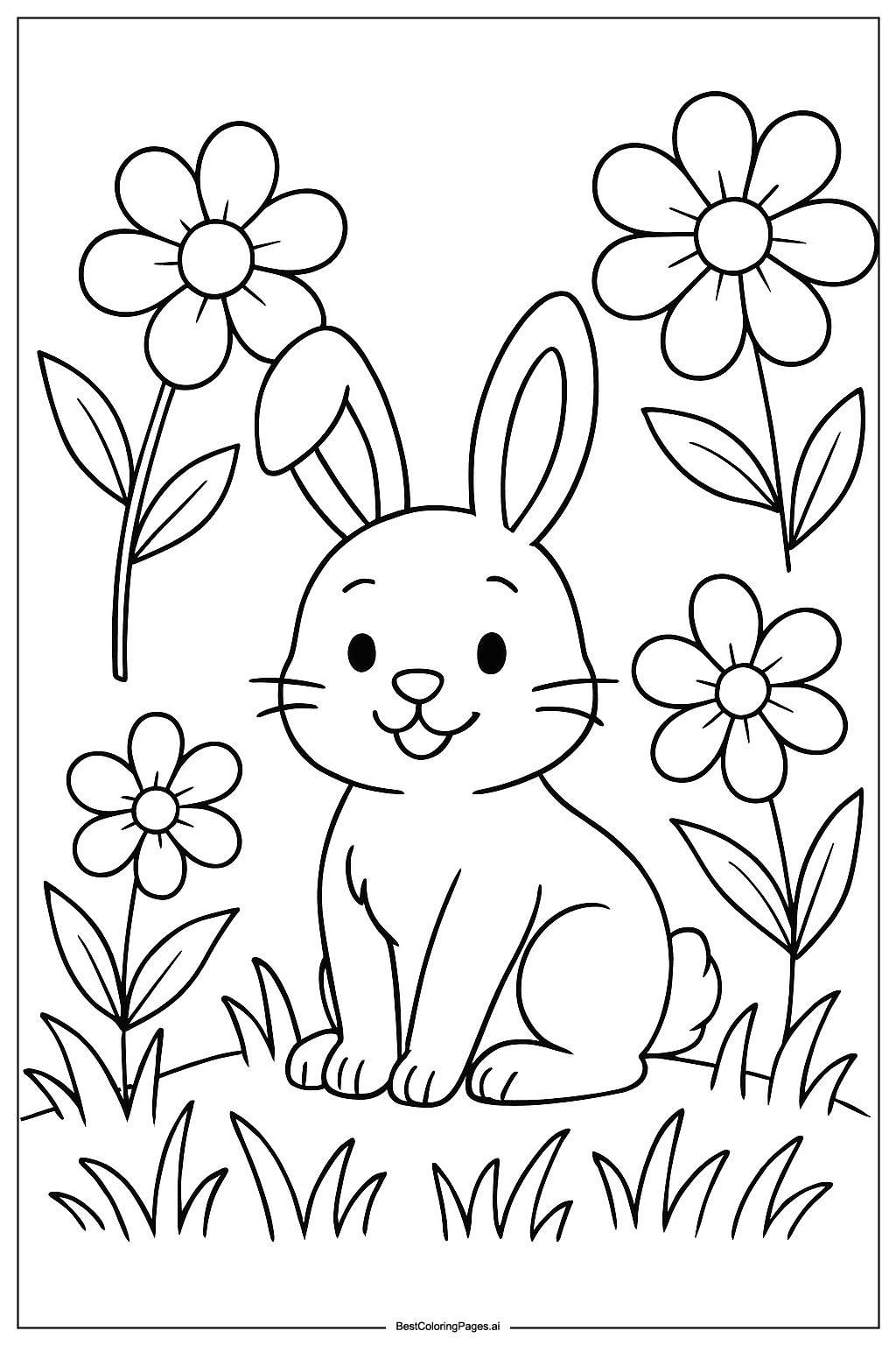 Bunny in a flower garden Coloring Page