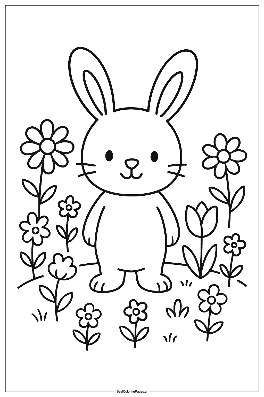 Bunny in a flower garden Coloring Page