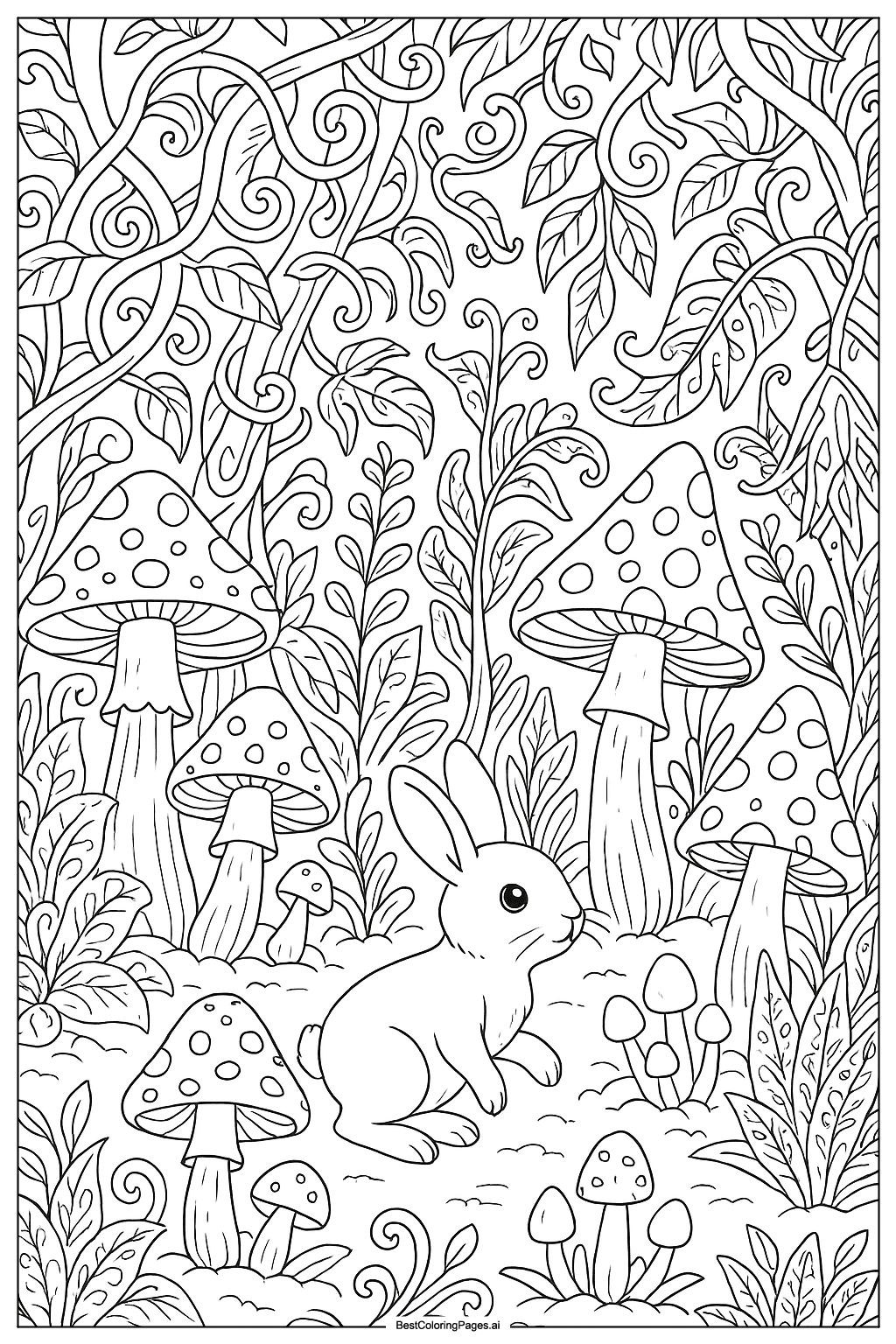Bunny in magical forest Coloring Page