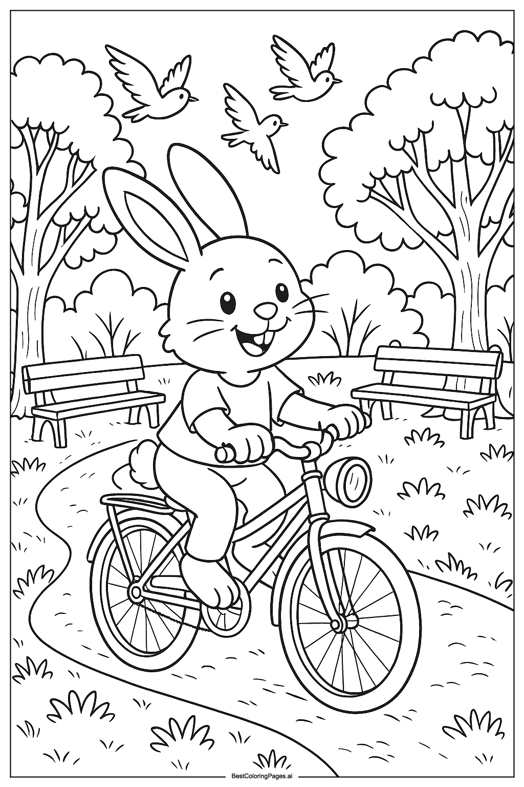 Bunny riding a bicycle in park Coloring Page