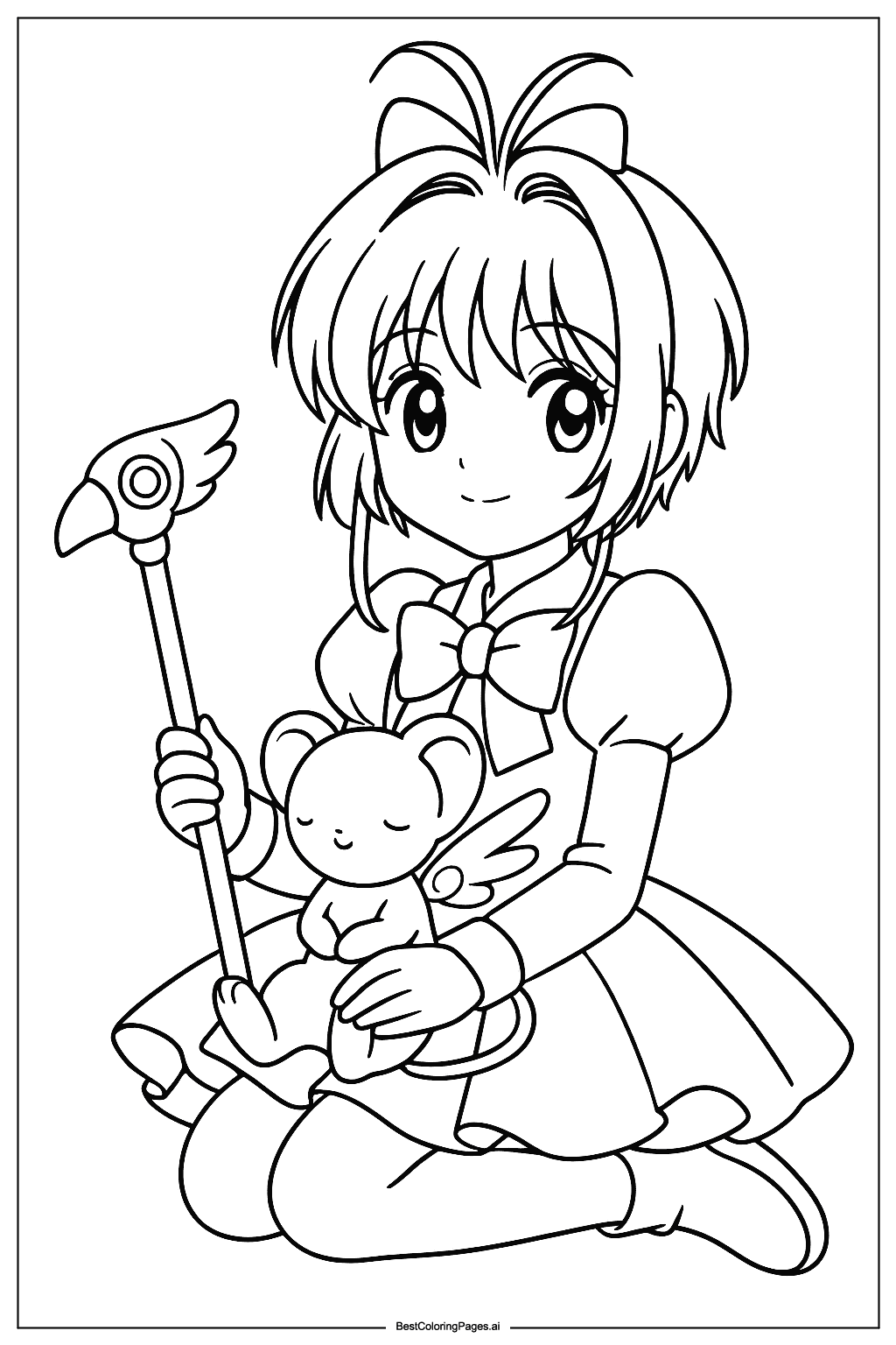 Cardcaptor Sakura with Kero on lap Coloring Page