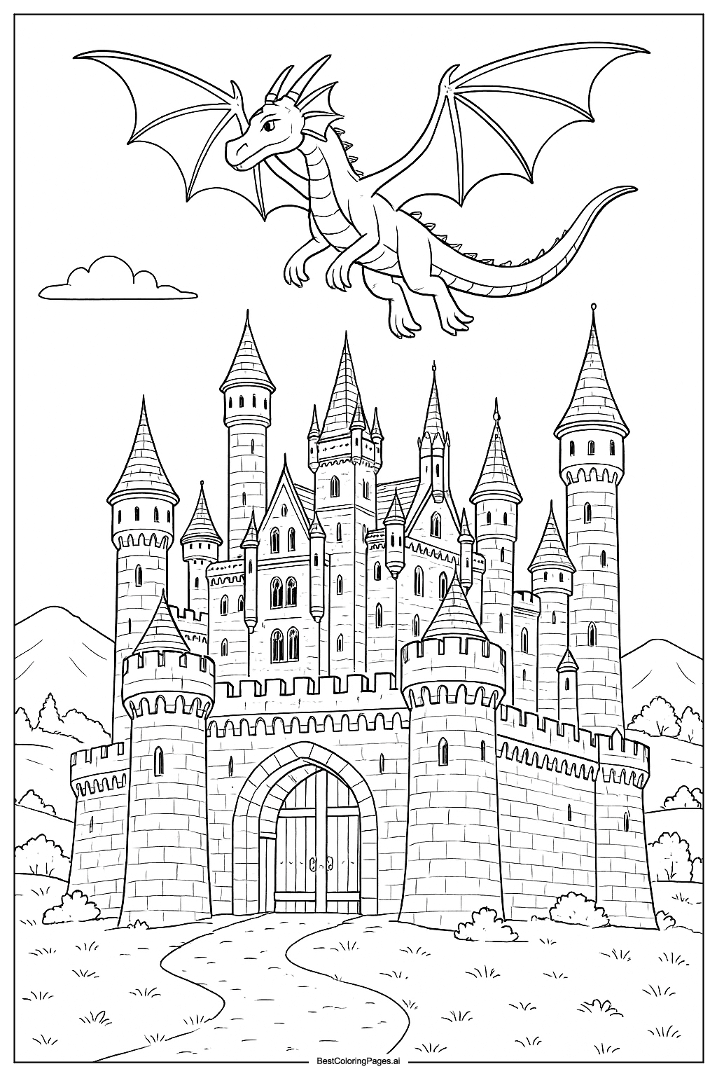 Castle with dragon flying Coloring Page