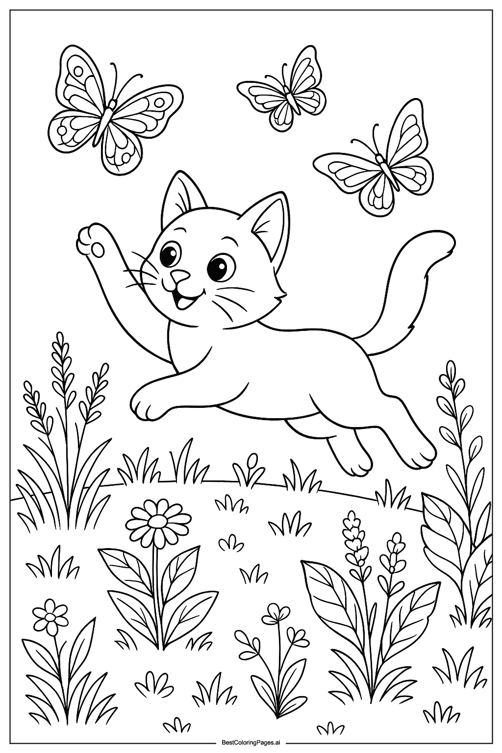 Disegni di Gattino che rincorre le farfalle da Colorare