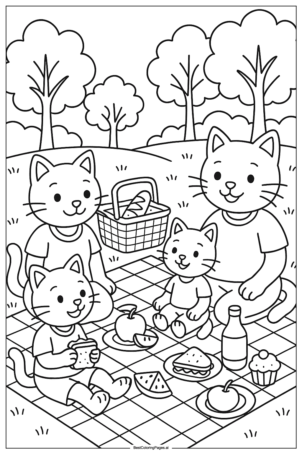 Desenhos de Piquenique da Família Gato para Colorir