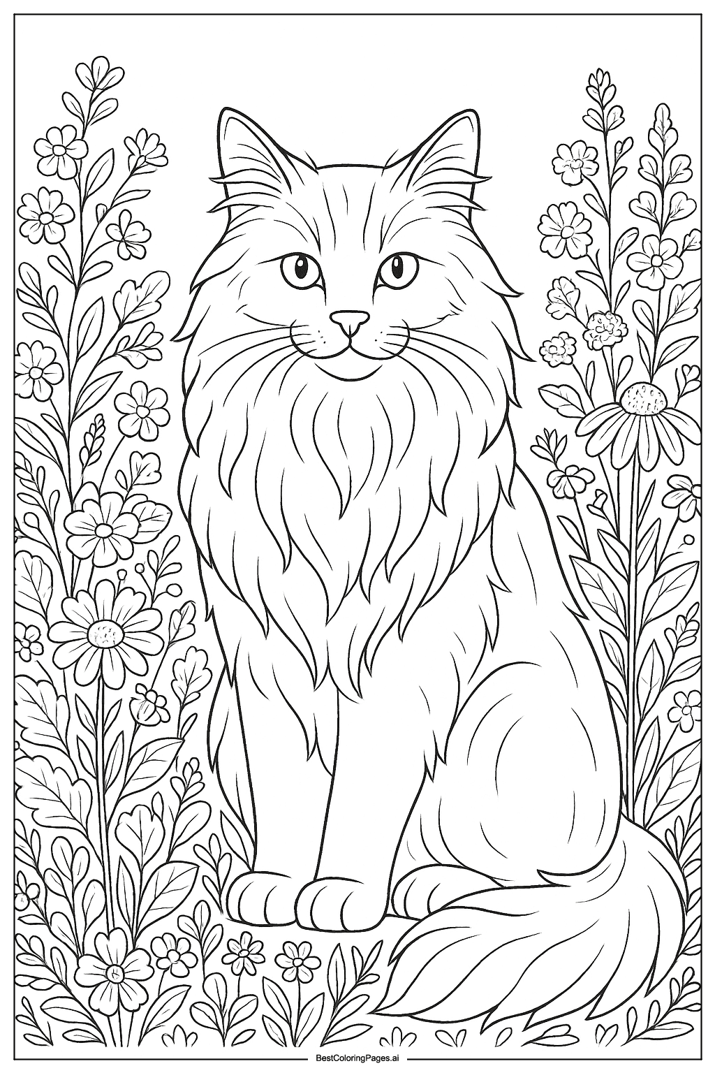 Cat in flower garden Coloring Page