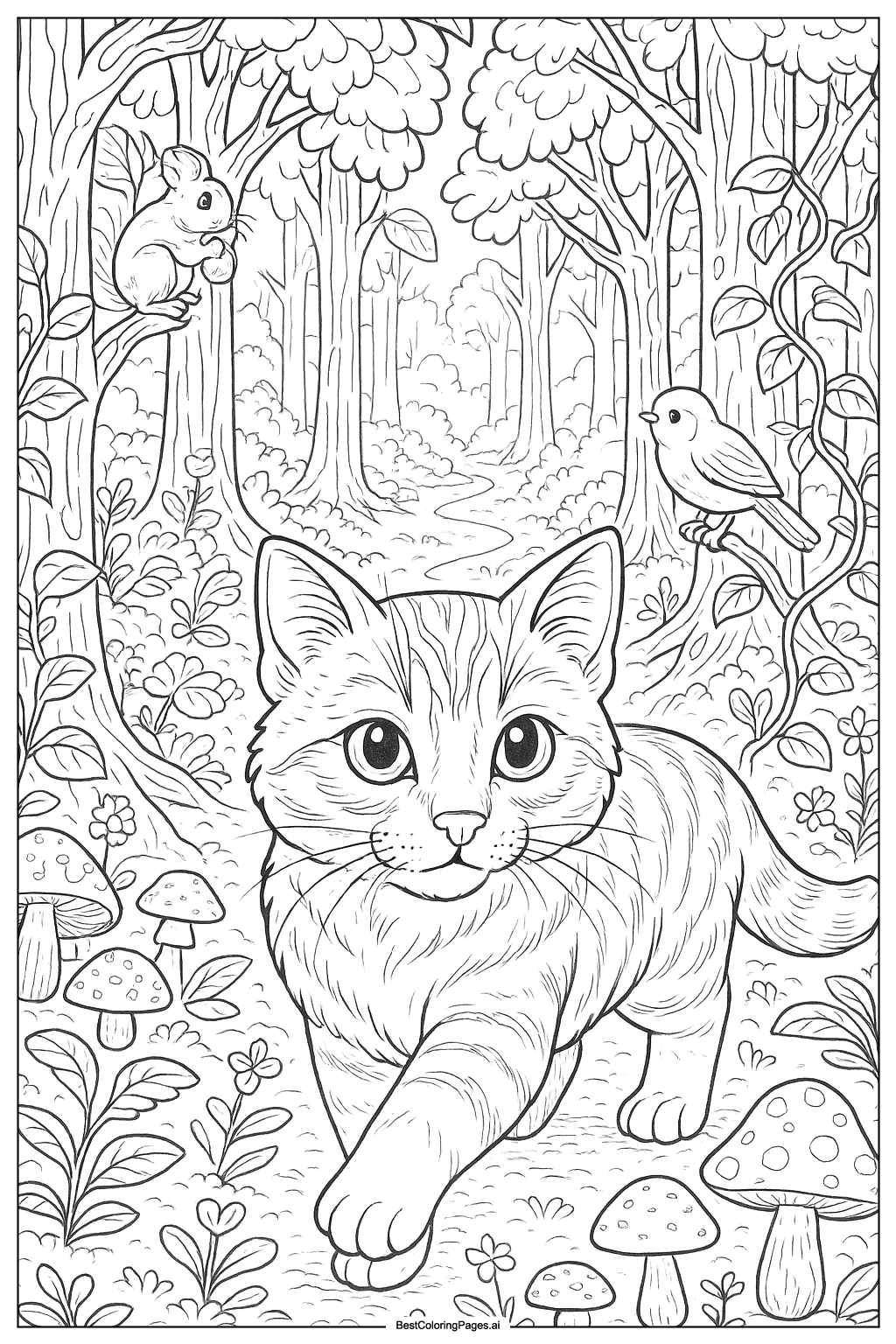Cat in magical forest Coloring Page