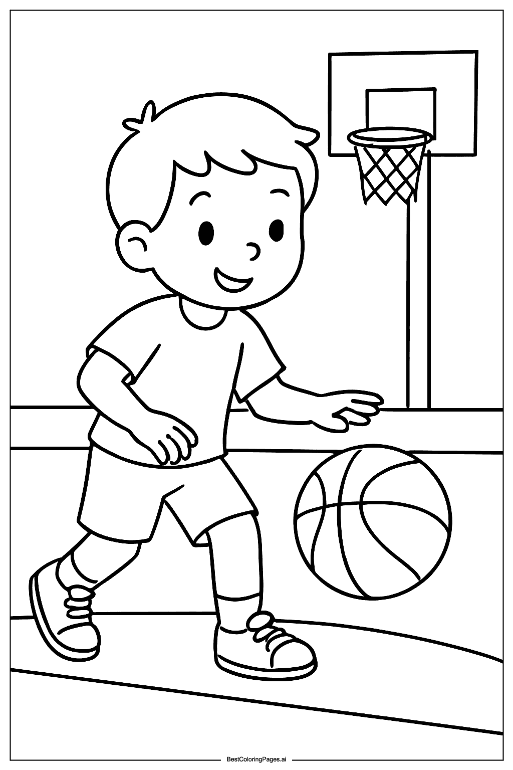 Child playing basketball outdoors Coloring Page