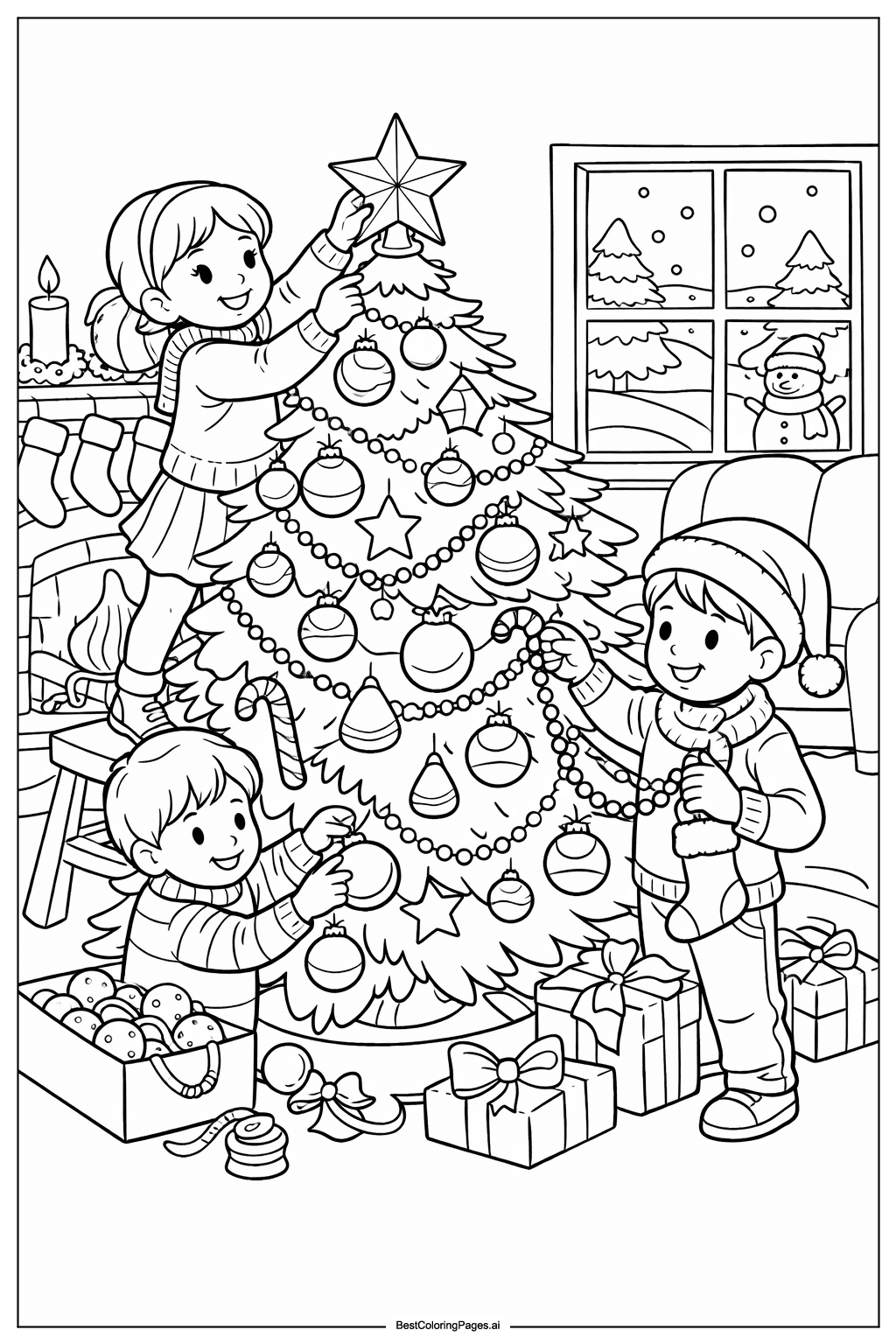 Christmas tree with children decorating Coloring Page