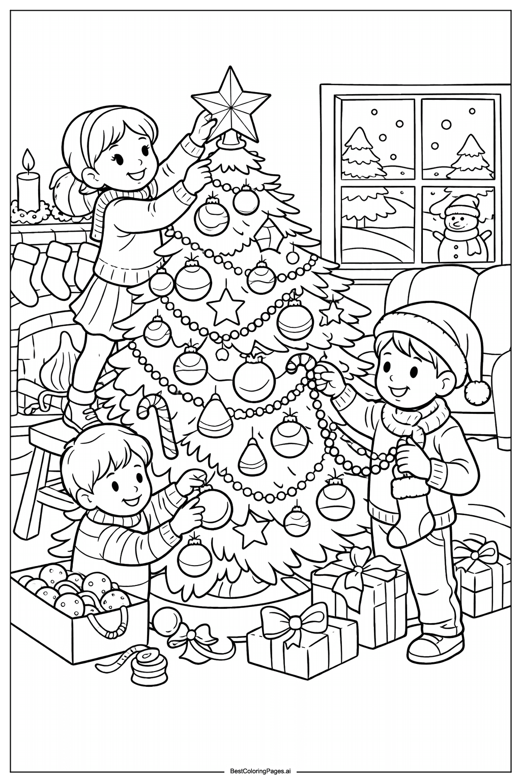 Christmas tree with children decorating