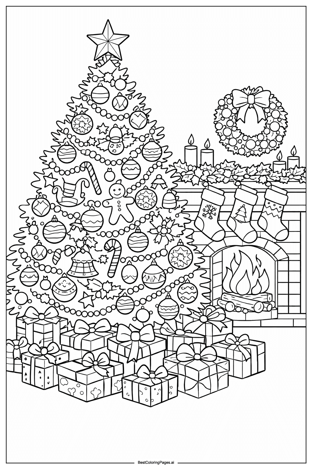 Christmas tree with gifts and fireplace Coloring Page