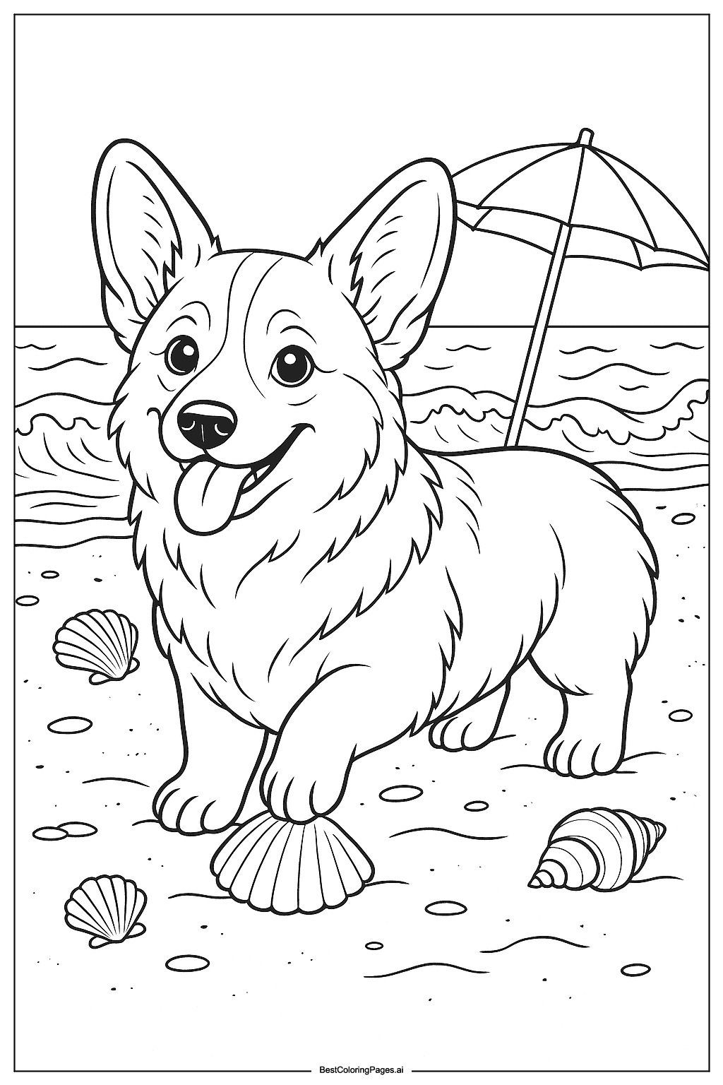 Corgi at the beach Coloring Page